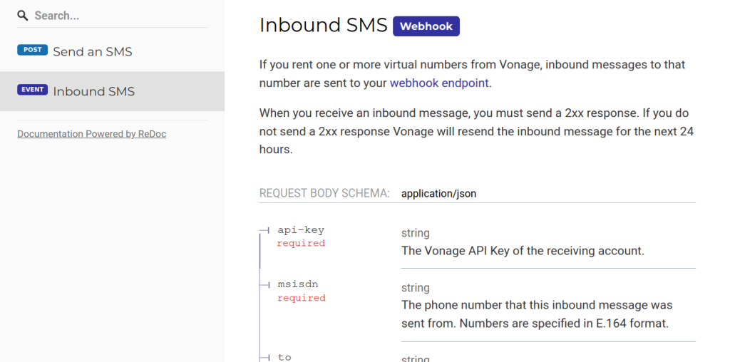 redoc screenshot showing the incoming sms webhook